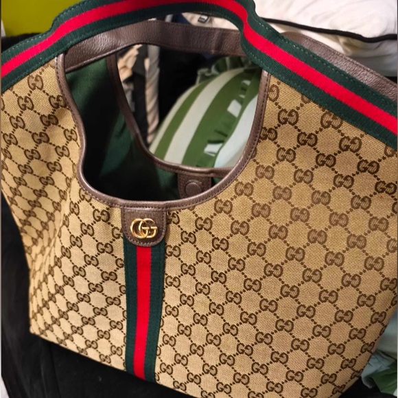 Gucci Handbags - Gucci Tan Monogram Tote with Red and Green Stripe